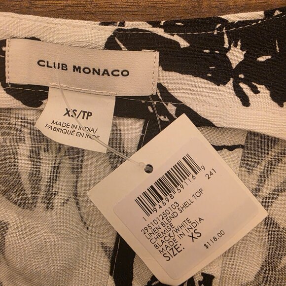 Club Monaco Top Womens XS Black White Floral Linen Blend Shell Blouse NWT - Picture 2 of 11